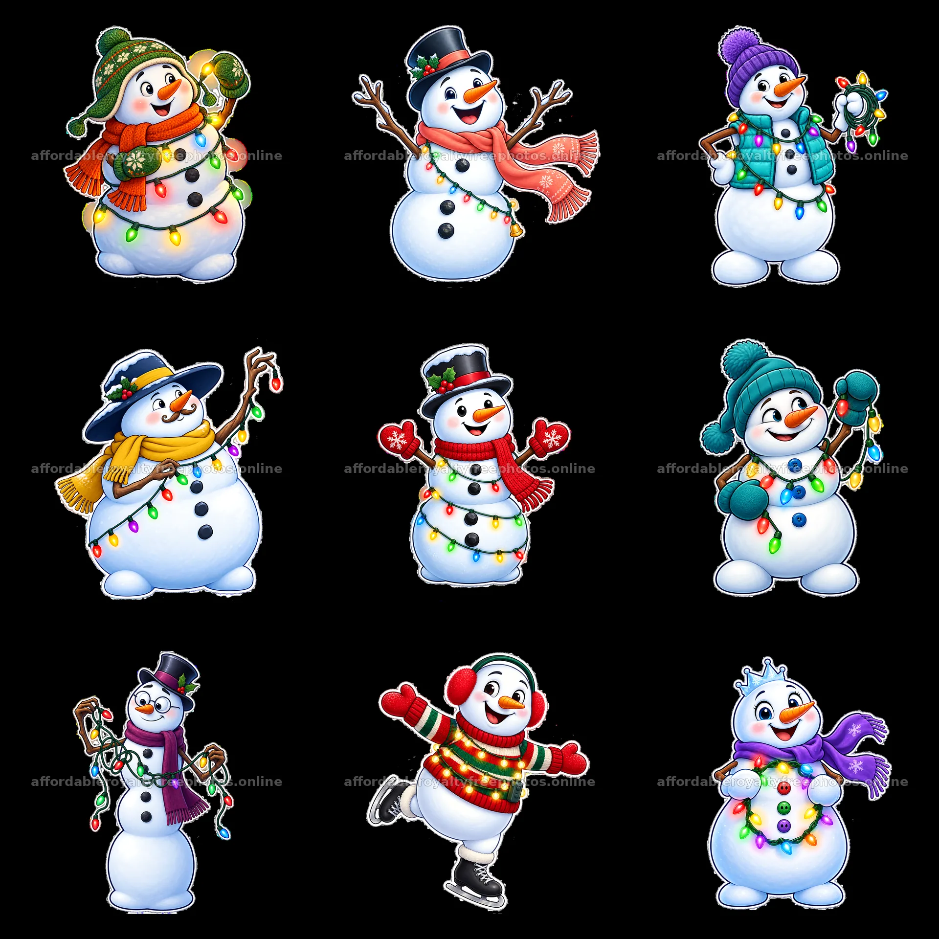 Snowman characters with string lights in a 3x3 grid – royalty-free photos 7746x7746