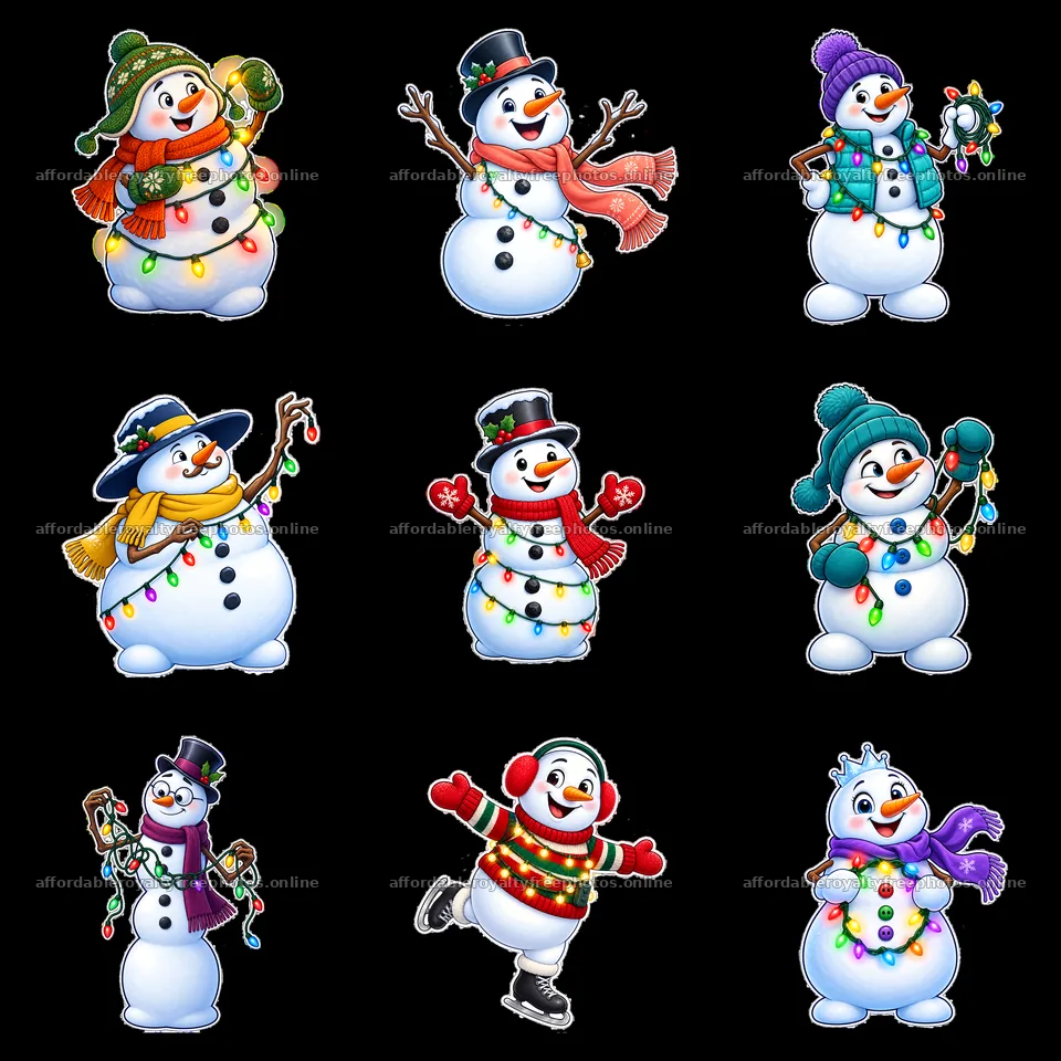 Snowman characters with string lights in a 3x3 grid – royalty-free photos 7746x7746