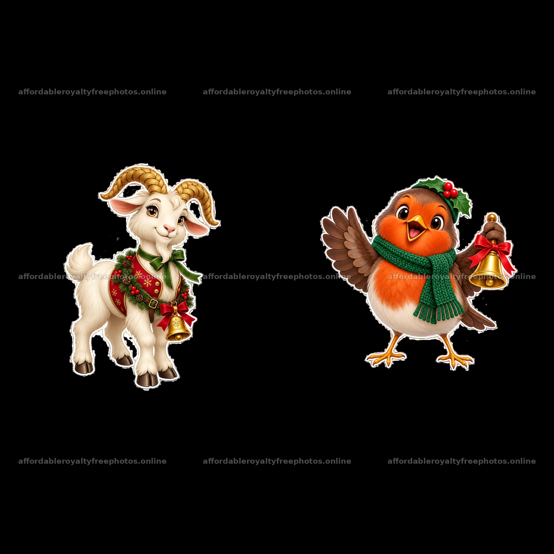 Christmas goat and bird with bells in holiday accessories – royalty-free photos 7746x7746