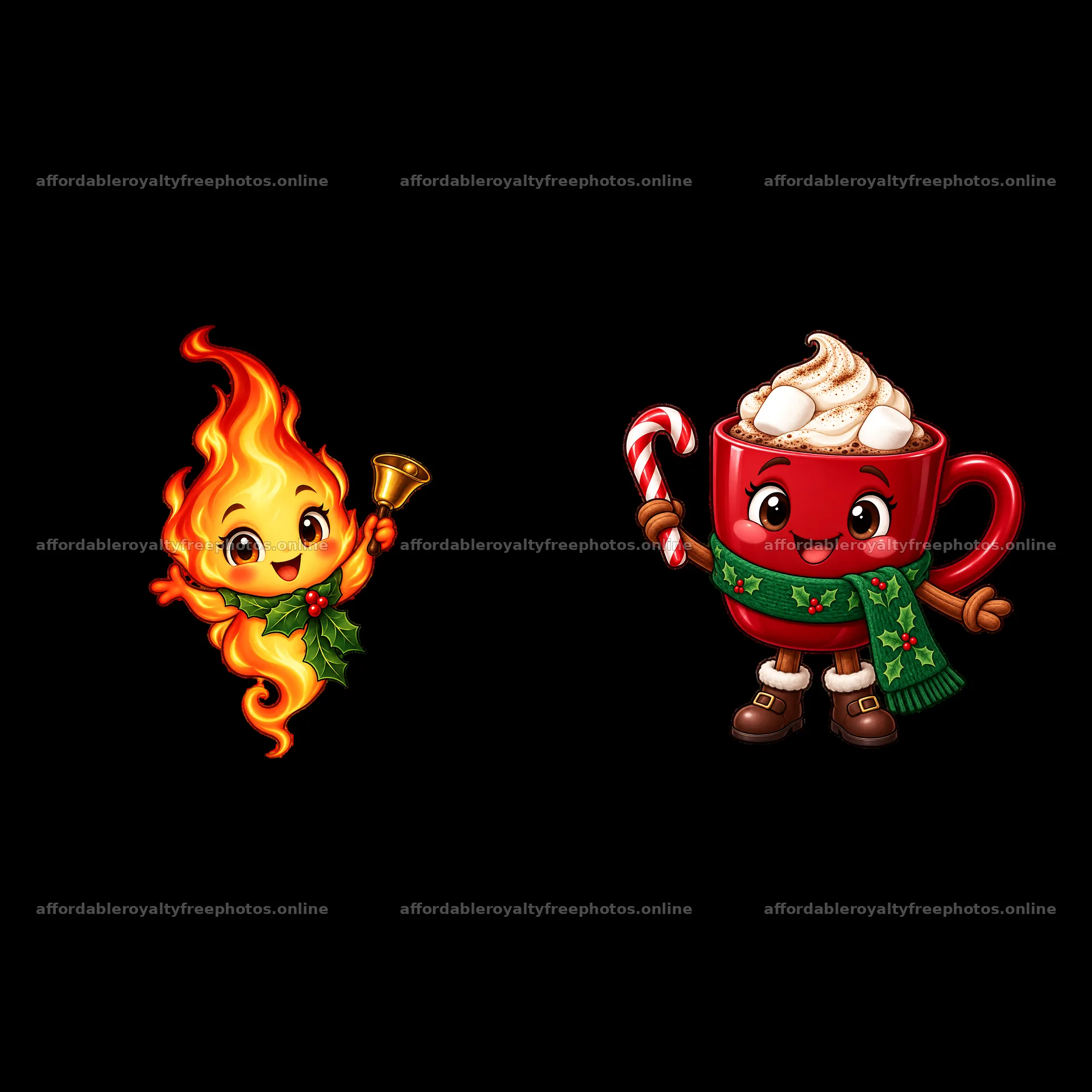 Cute fire character and hot cocoa mug with candy cane for Christmas – royalty-free photos 7746x7746