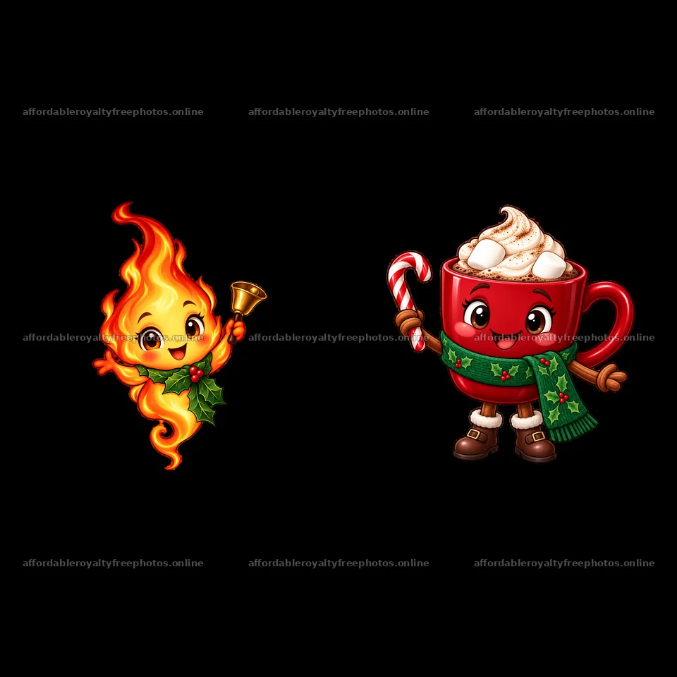 Cute fire character and hot cocoa mug with candy cane for Christmas – royalty-free photos 7746x7746