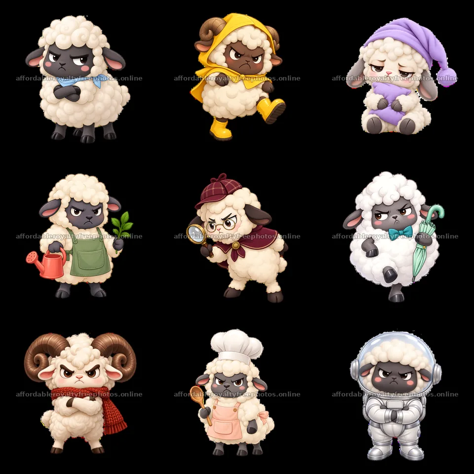 Kawaii grumpy sheep characters in various activities and – royalty-free photos 7746x7746