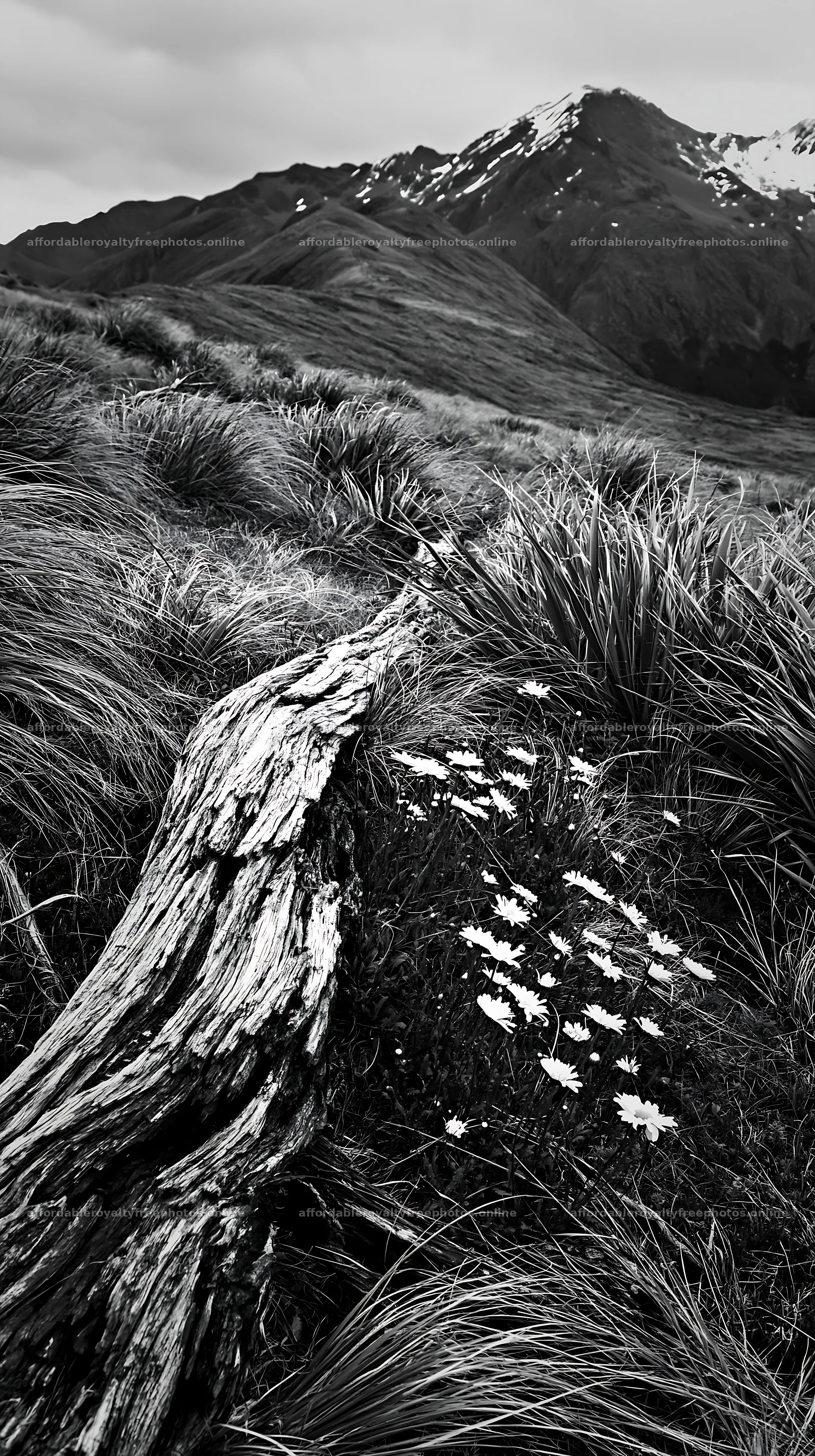 Weathered log in meadow with wildflowers and mountains – royalty-free photos 5938x10608