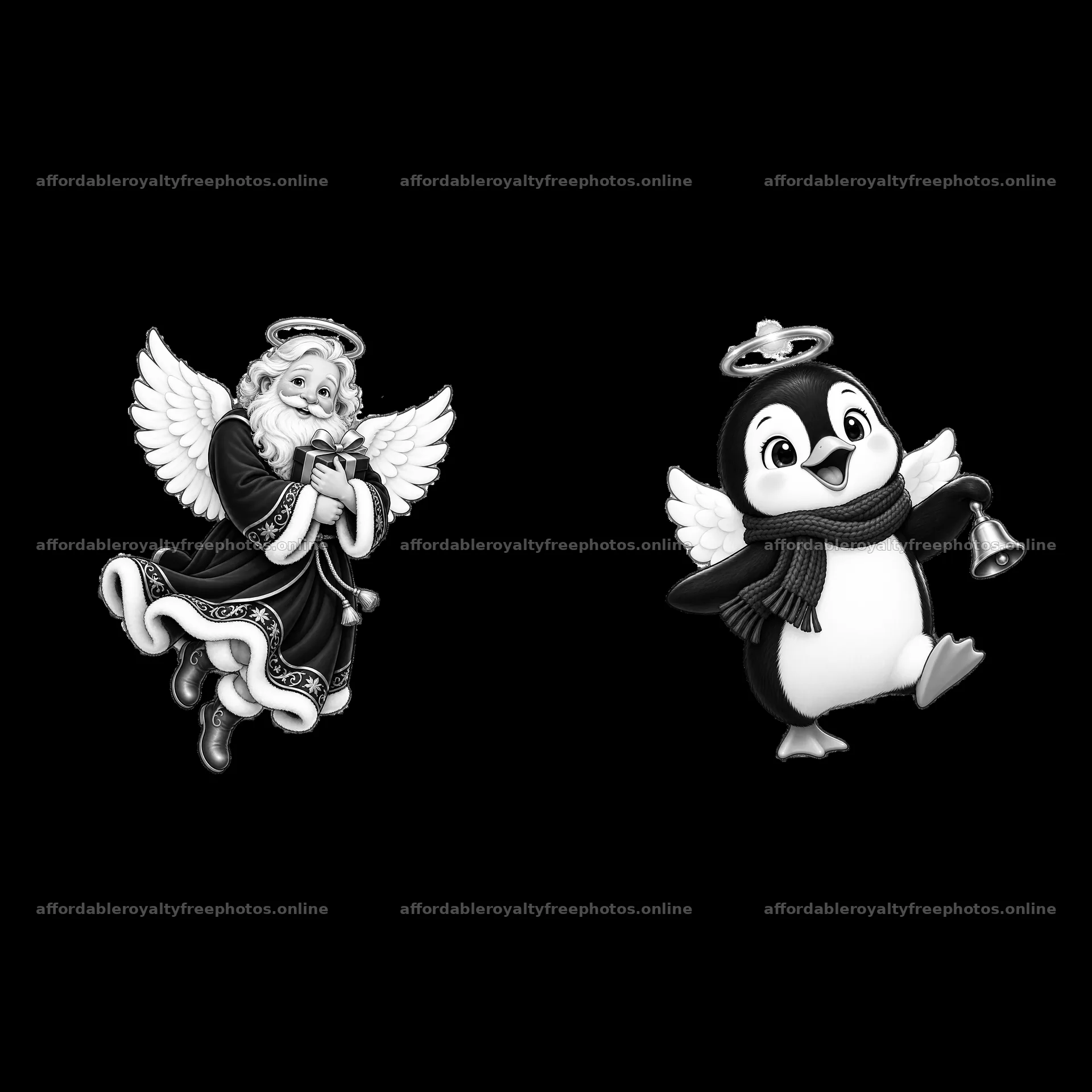 Angels and penguin play during Christmas time – royalty-free photos 7746x7746