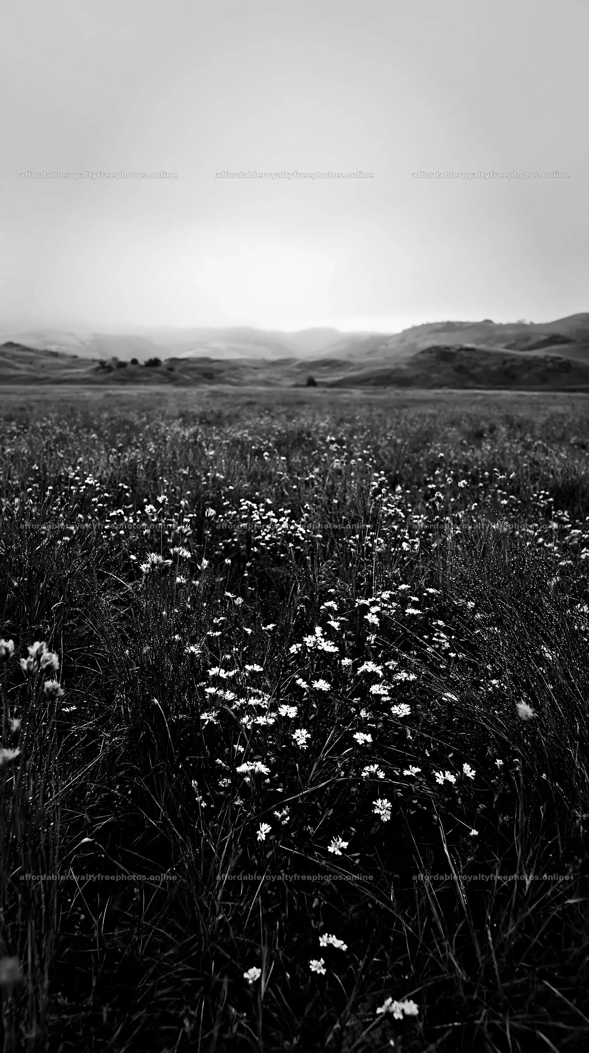 Rainy valley meadow with wildflowers in muted landscape – royalty-free photos 5938x10608