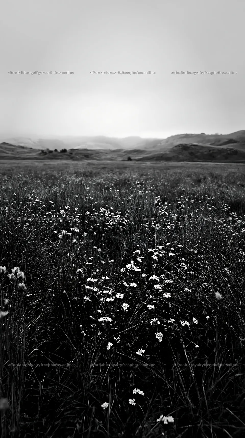 Rainy valley meadow with wildflowers in muted landscape – royalty-free photos 5938x10608