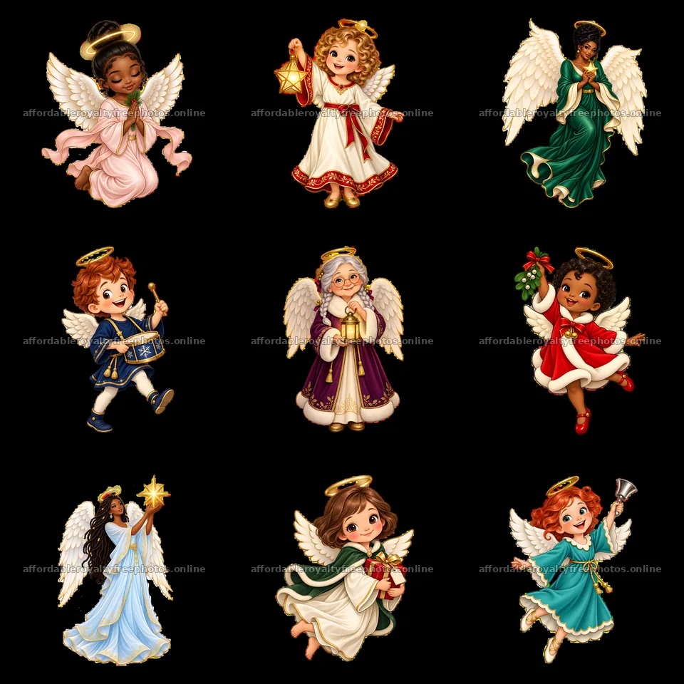 Nine different Christmas angels celebrating the holiday – royalty-free photos 7746x7746