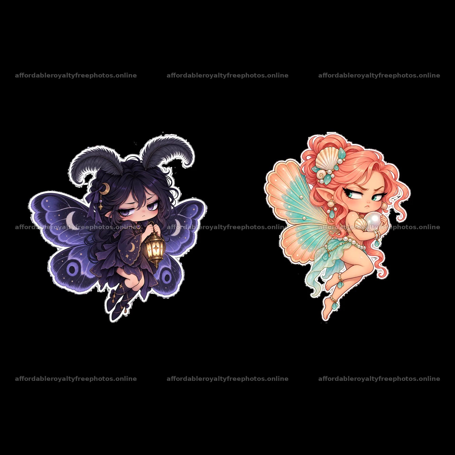 Kawaii grumpy fairy with lantern and seashell on the – royalty-free photos 7746x7746