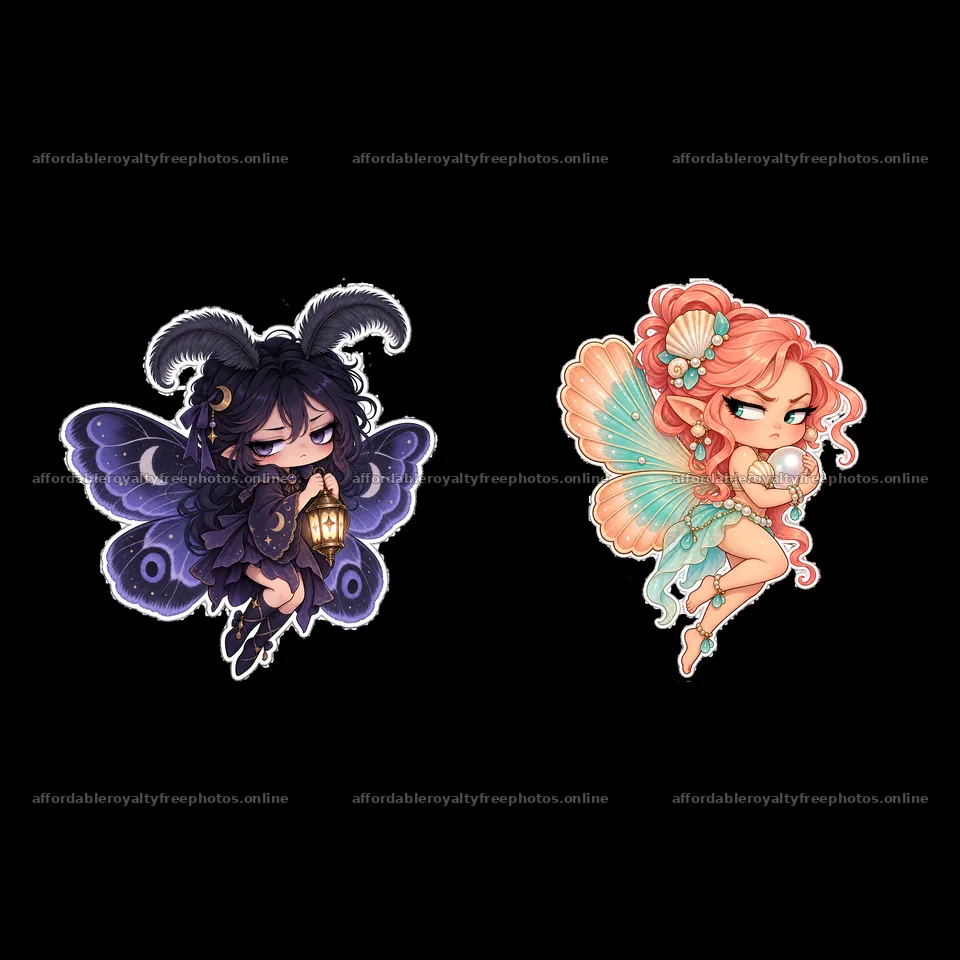 Kawaii grumpy fairy with lantern and seashell on the – royalty-free photos 7746x7746
