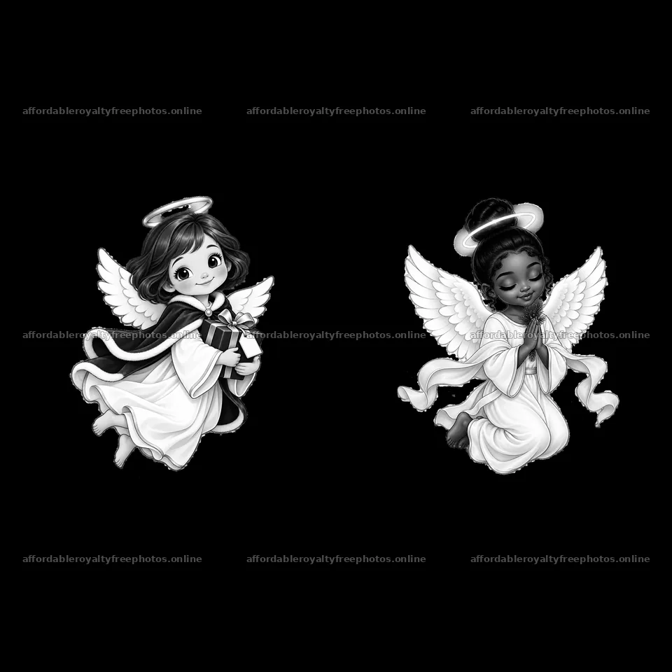 Christmas angels praying with wings in black and white – royalty-free photos 7746x7746