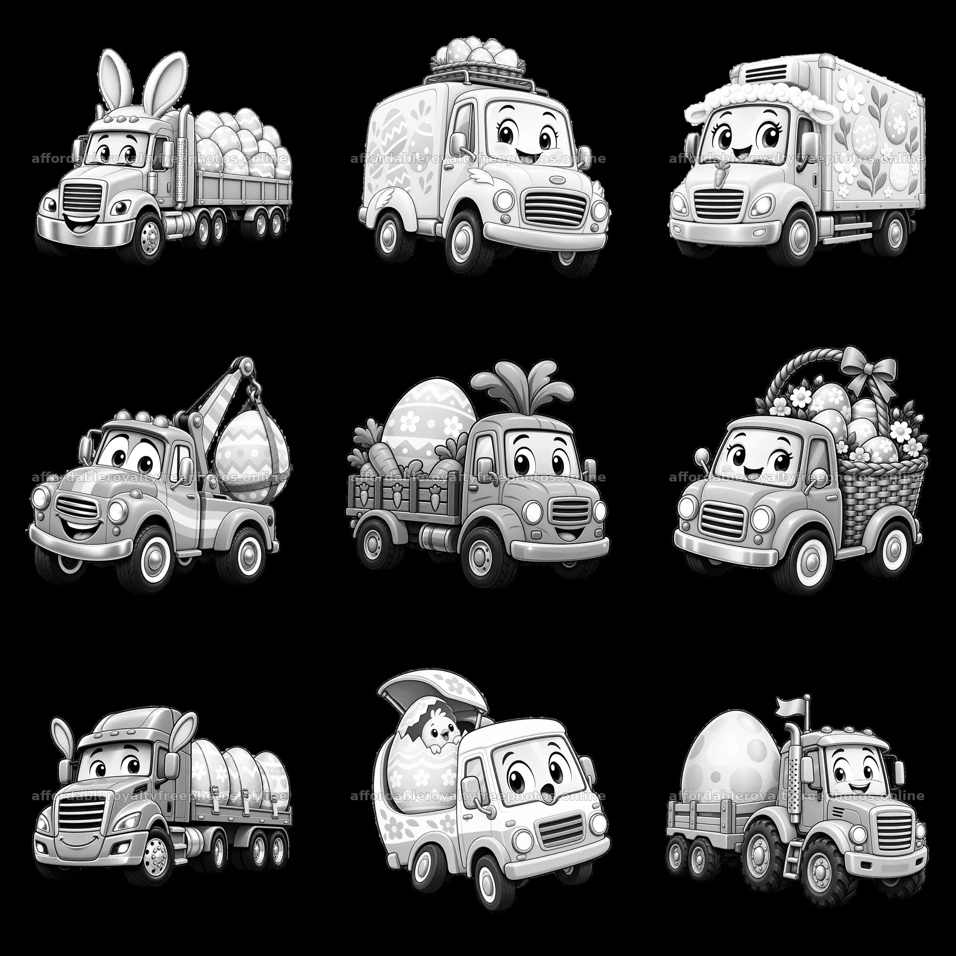 Easter themed truck stickers in a 3x3 grid layout – royalty-free photos 7746x7746
