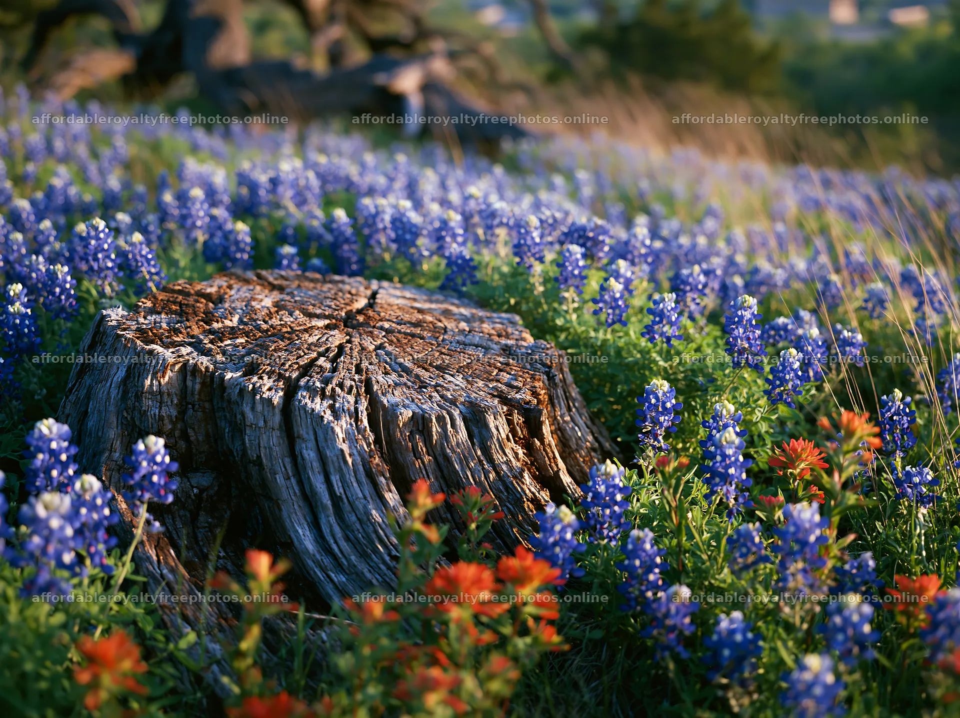 Weathered log surrounded by bluebonnet flowers in a – royalty-free photos 9174x6866