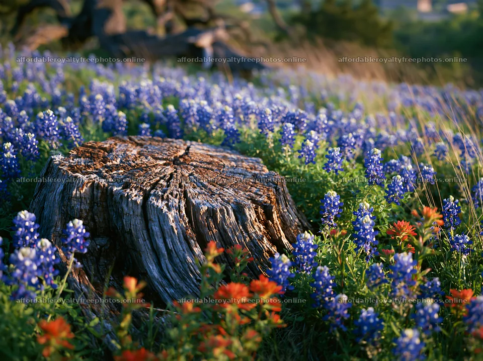 Weathered log surrounded by bluebonnet flowers in a – royalty-free photos 9174x6866