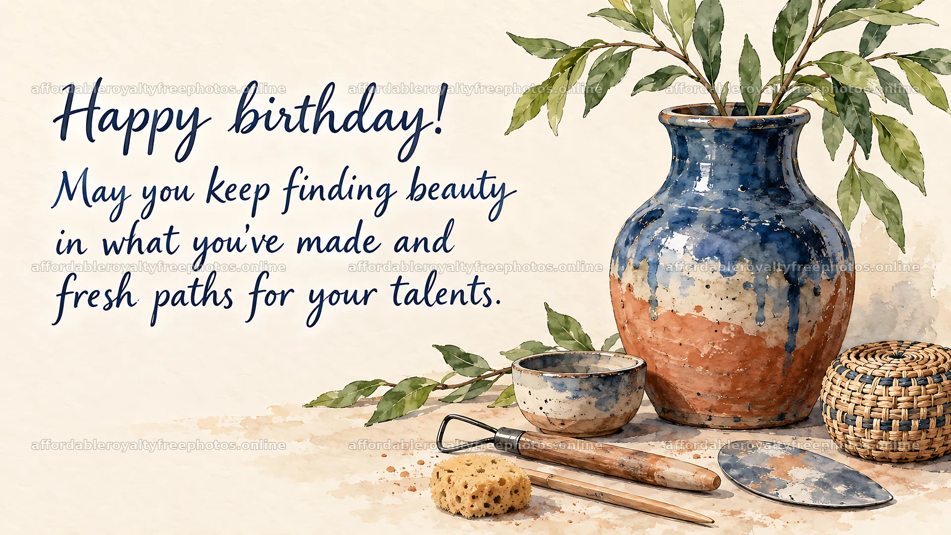 Watercolor Birthday Greeting with Potted Plant – royalty-free photos 10324x5812