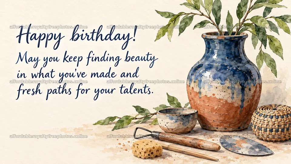 Watercolor Birthday Greeting with Potted Plant – royalty-free photos 10324x5812