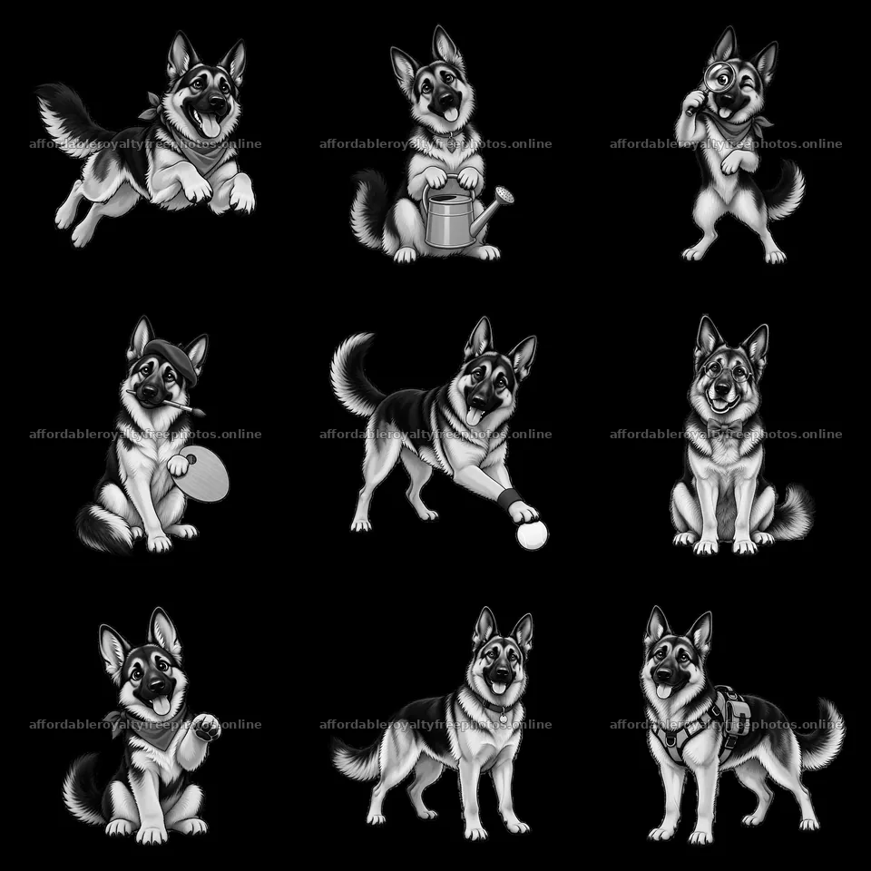 Nine playful German Shepherd dogs engaging in various – royalty-free photos 7746x7746