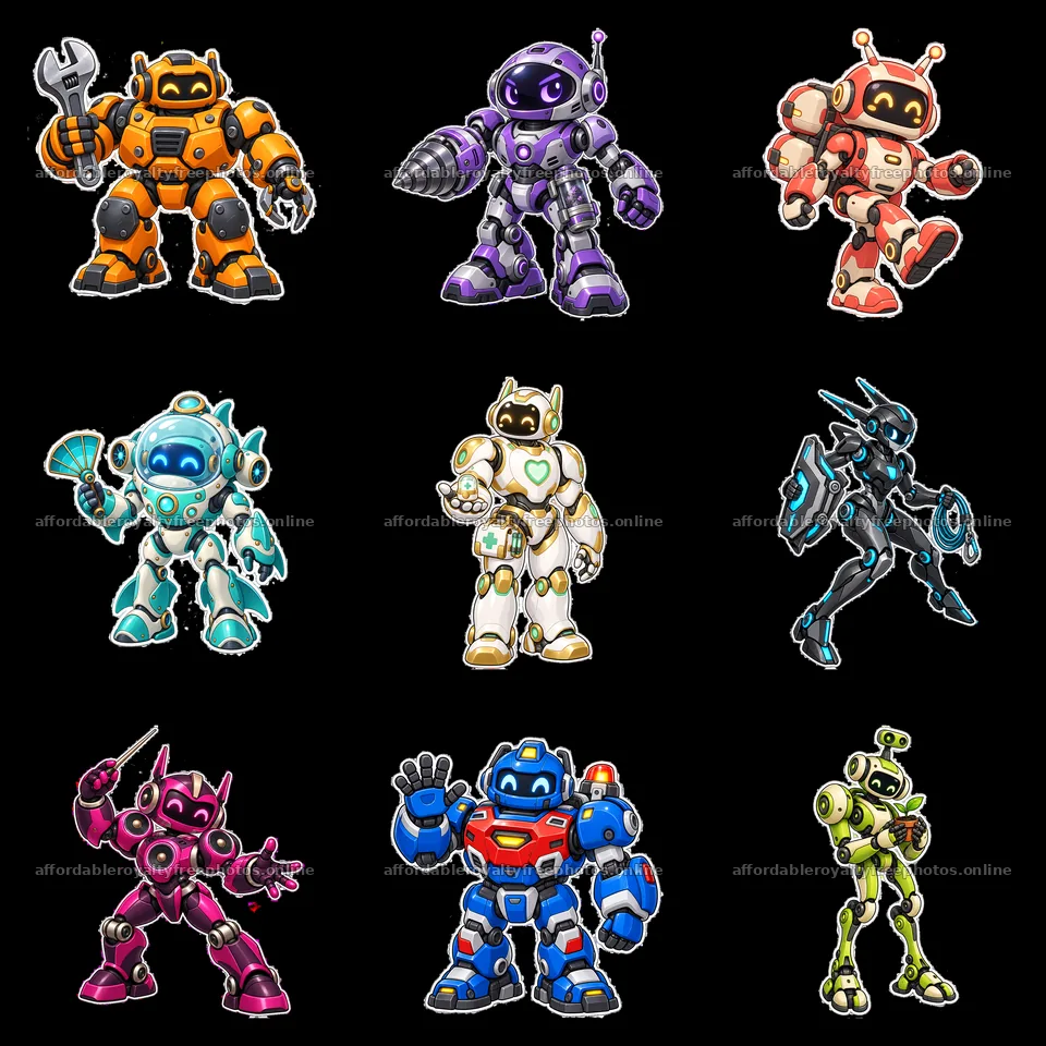 Colorful mech robot stickers in a 3x3 grid layout – royalty-free photos 7746x7746