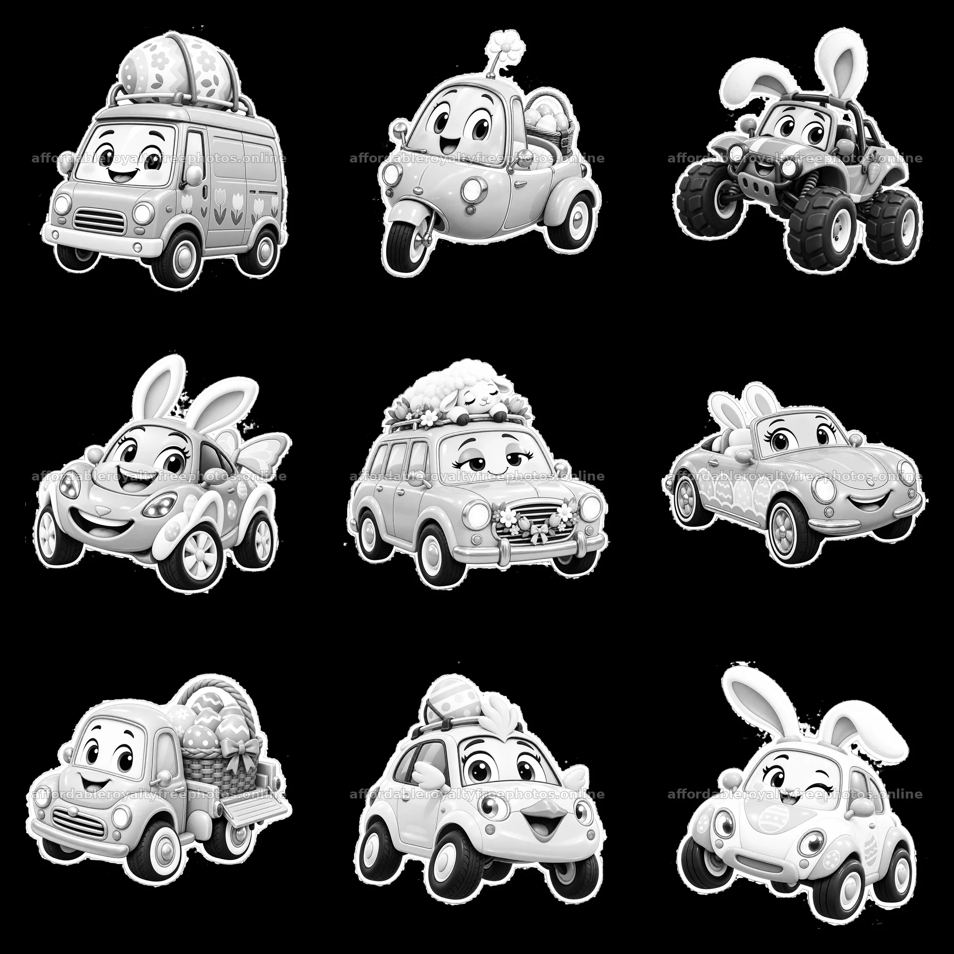 Colorful cartoon cars featuring Easter elements in a – royalty-free photos 7746x7746