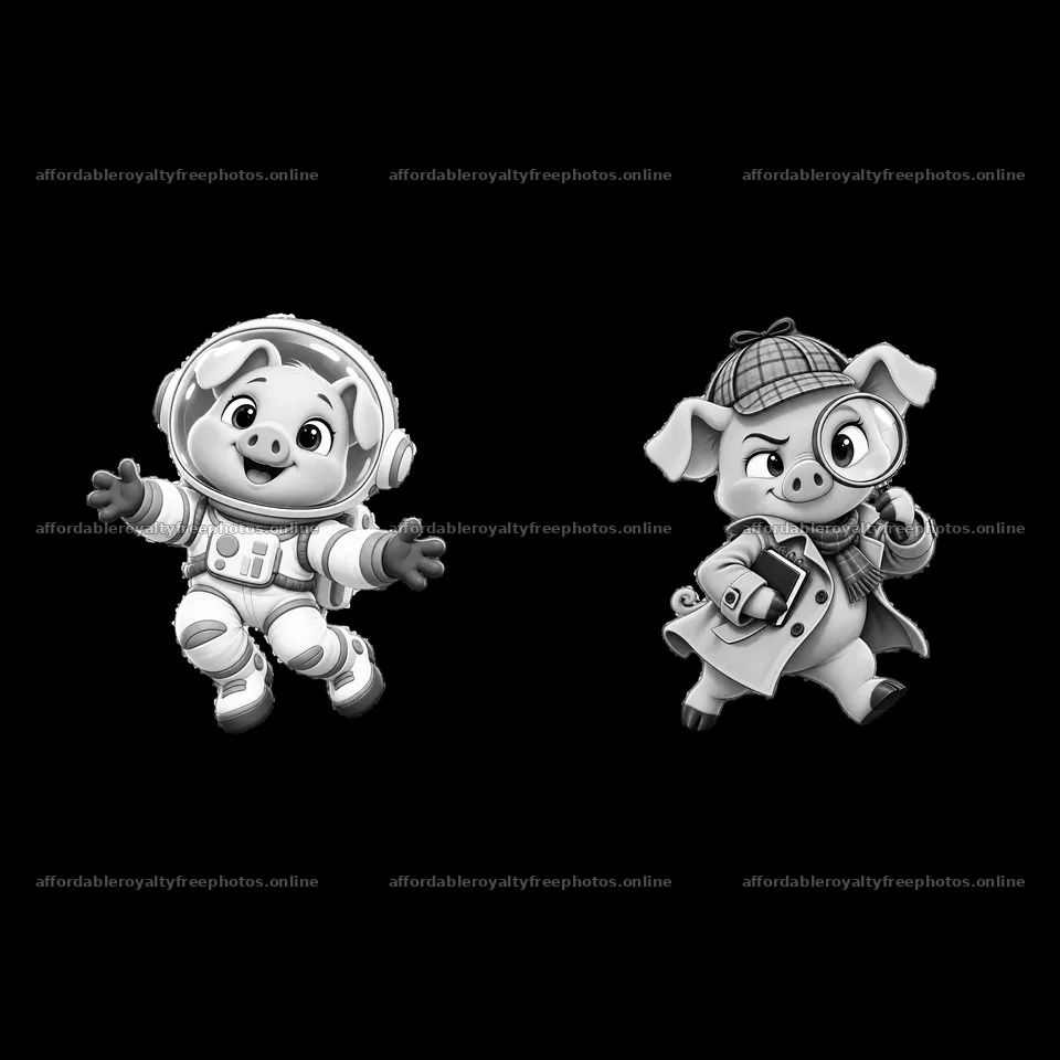 Astronaut pig and detective pig cartoon sticker – royalty-free photos 7746x7746