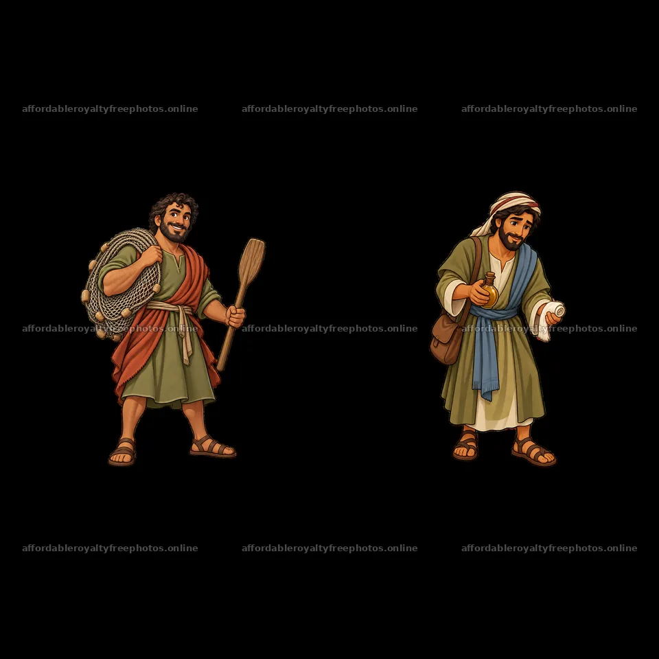 Two cartoon figures of disciples holding objects – royalty-free photos 7746x7746