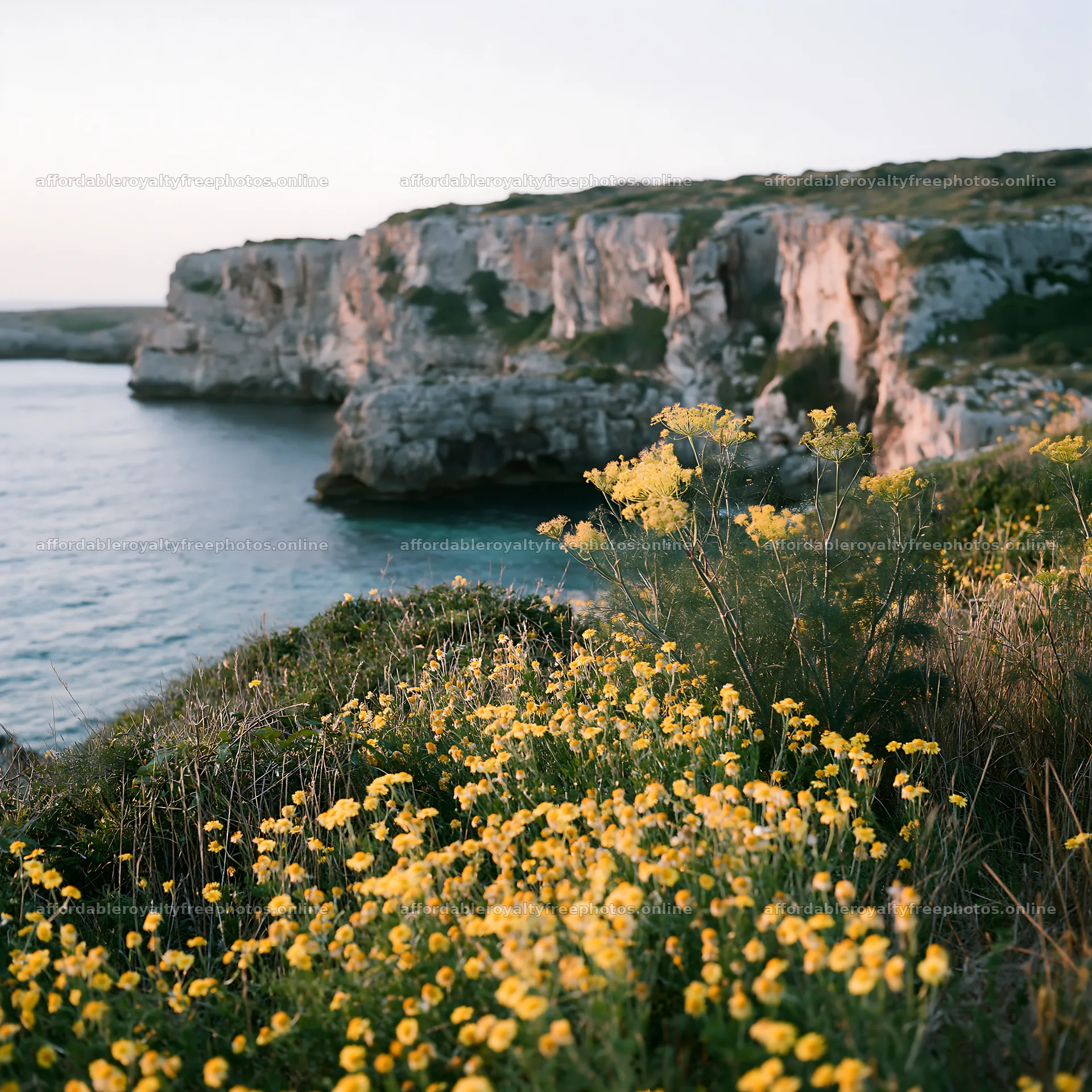 Coastal meadow cliffs with yellow flowers by the sea – royalty-free photos 7938x7938