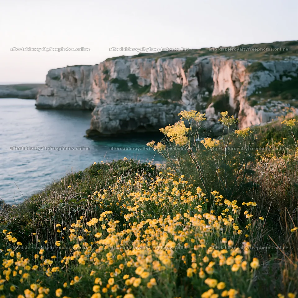 Coastal meadow cliffs with yellow flowers by the sea – royalty-free photos 7938x7938
