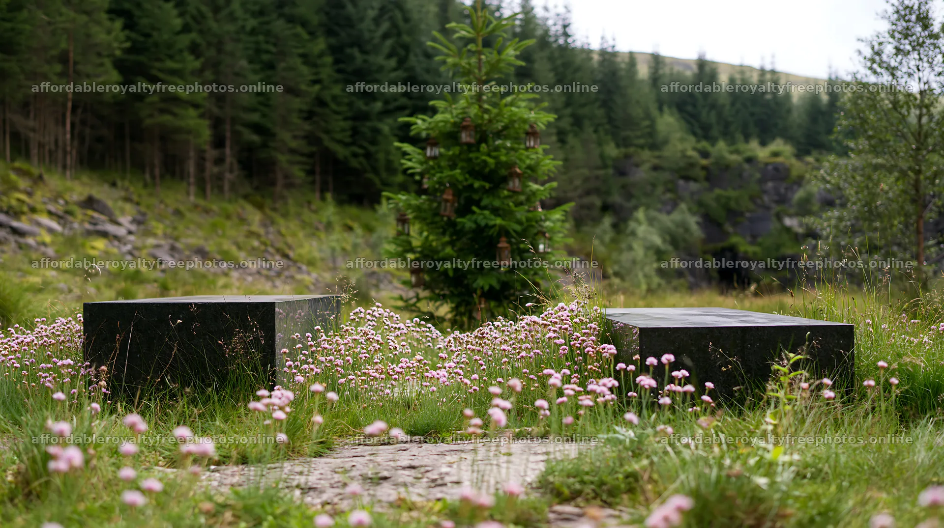 Christmas tree with lanterns in meadow by cave – royalty-free photos 10608x5938