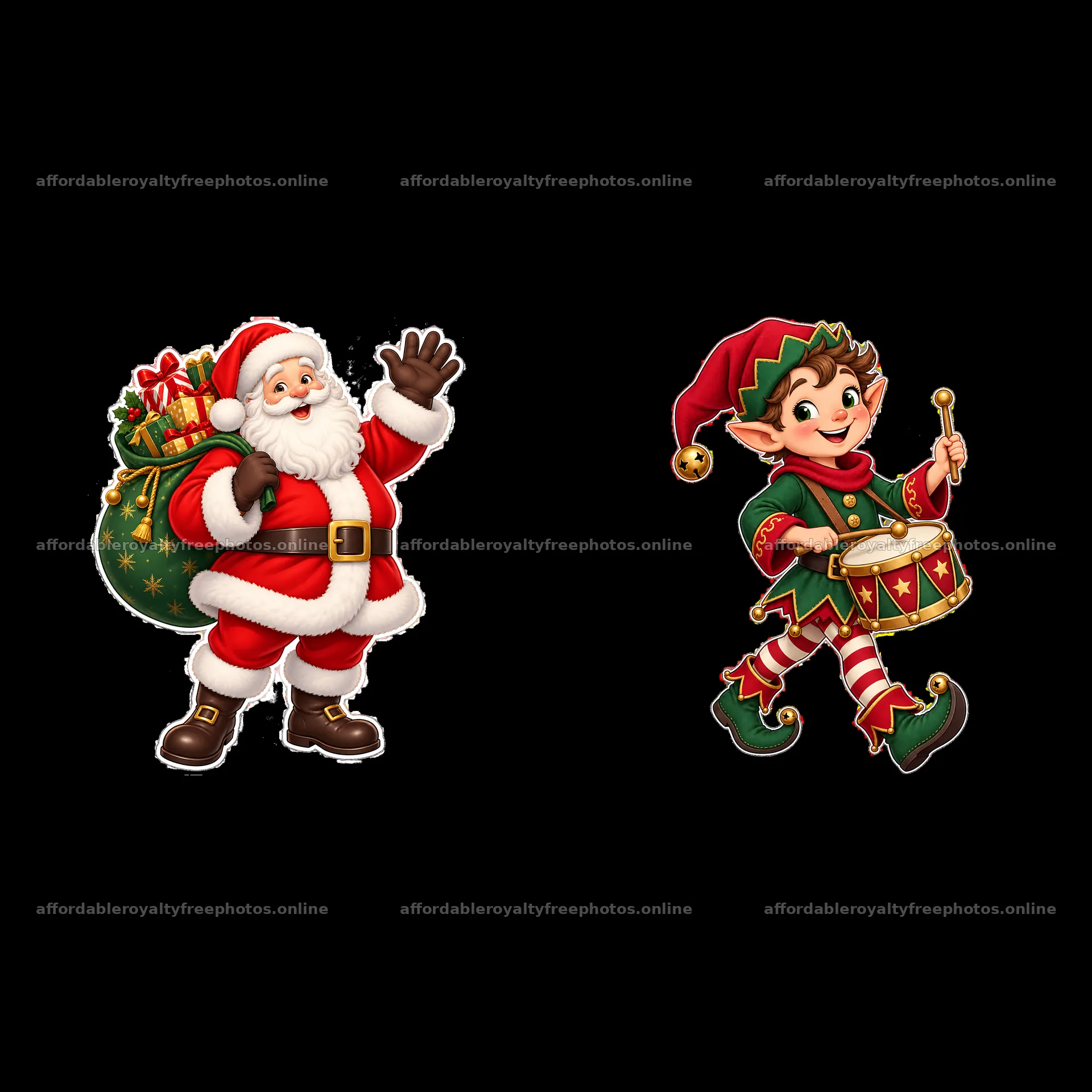 Santa Claus and elf with drum celebrating Christmas – royalty-free photos 7746x7746