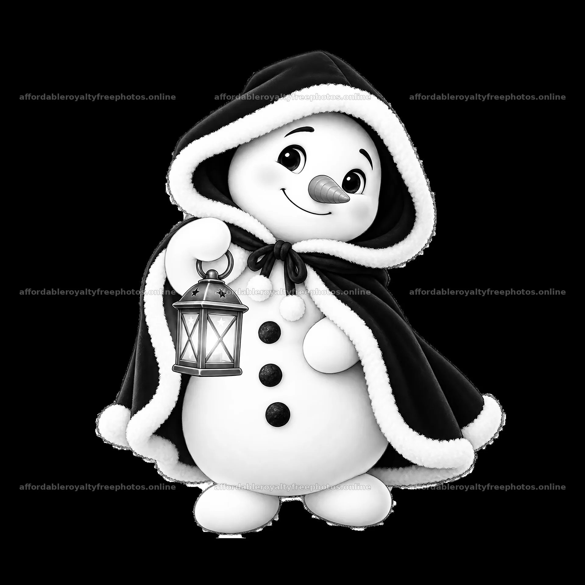Snowman holding a lantern in a black cloak standing still – royalty-free photos 7746x7746