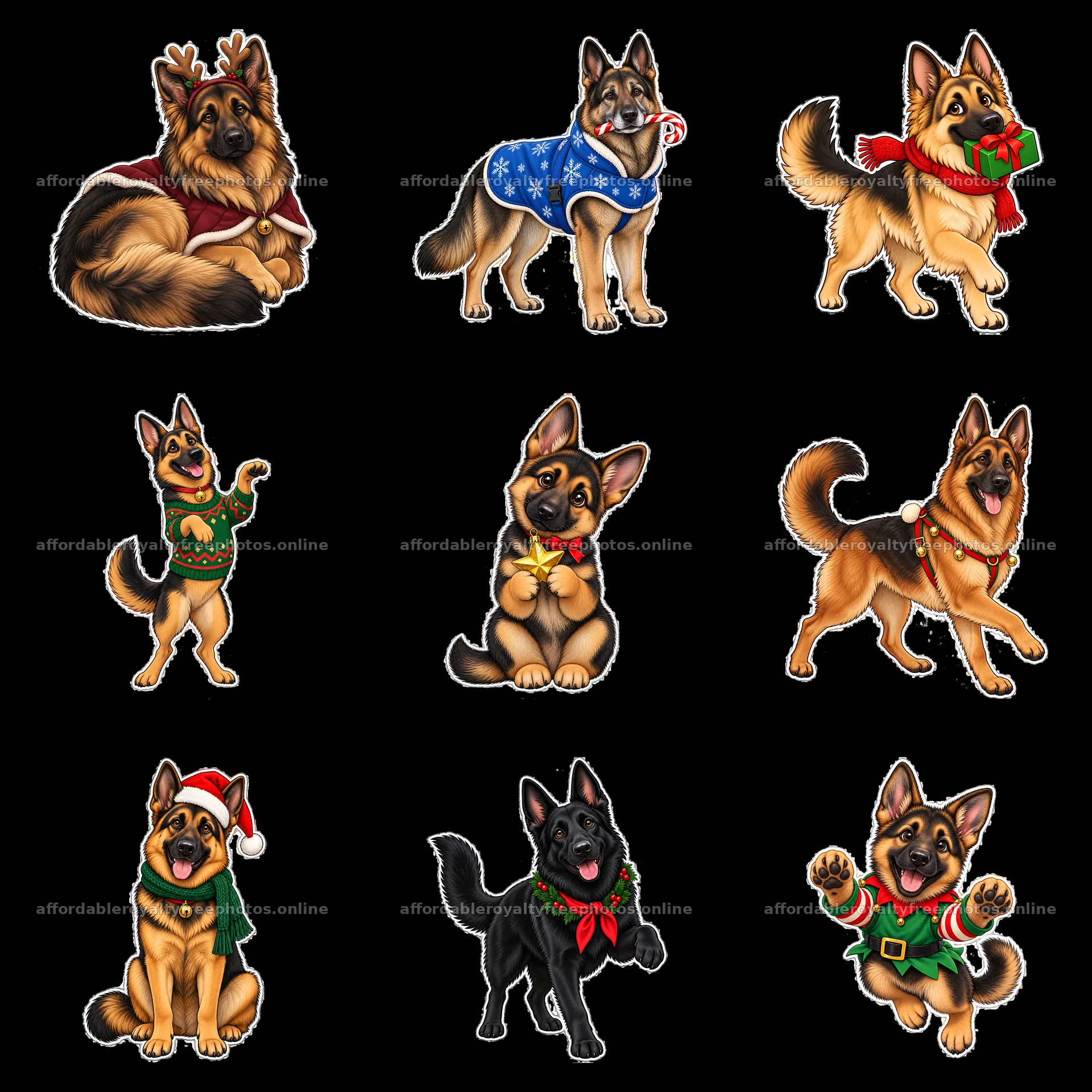 German Shepherds in Christmas outfits with festive – royalty-free photos 7746x7746