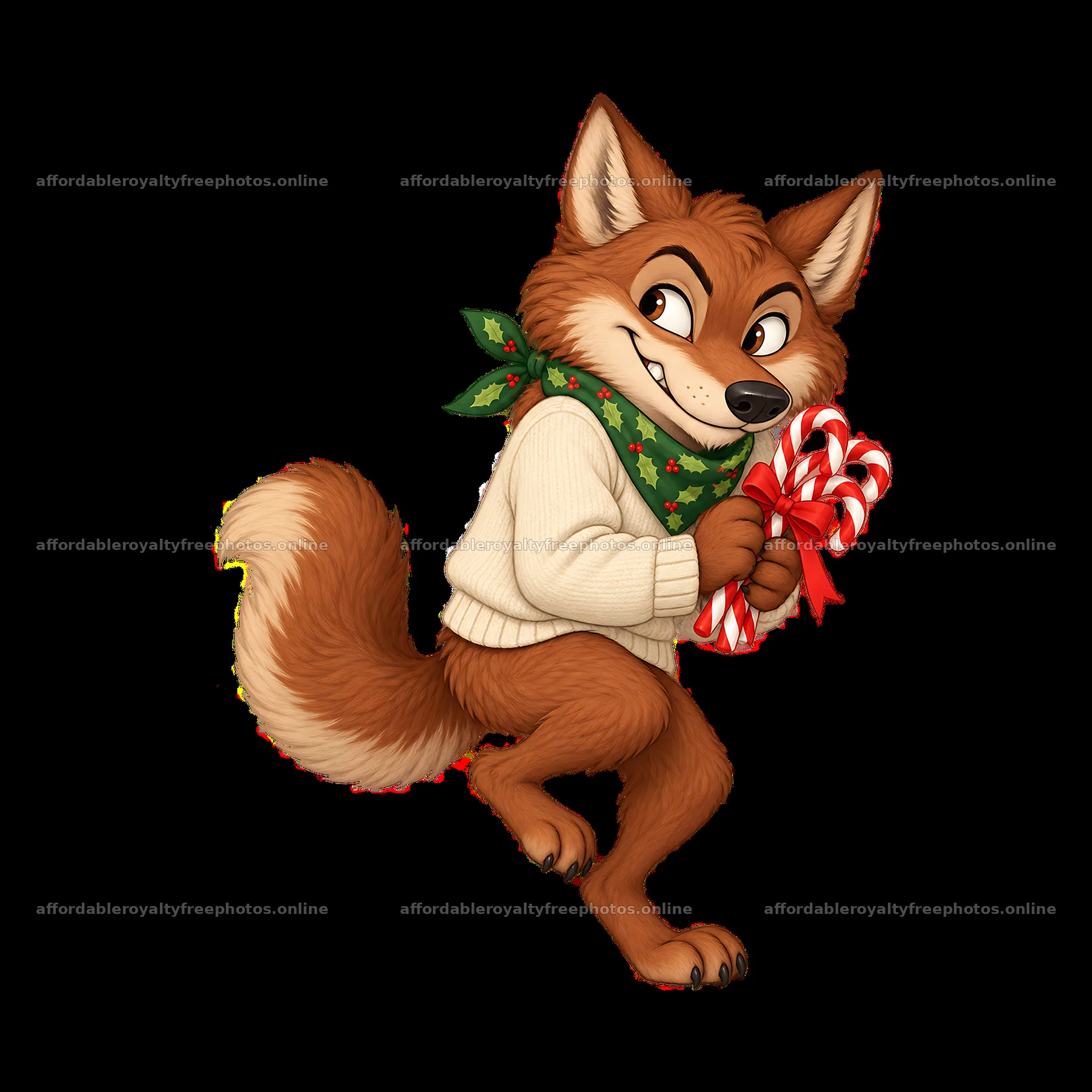 Cartoon wolf in winter sweater holding candy canes – royalty-free photos 7746x7746