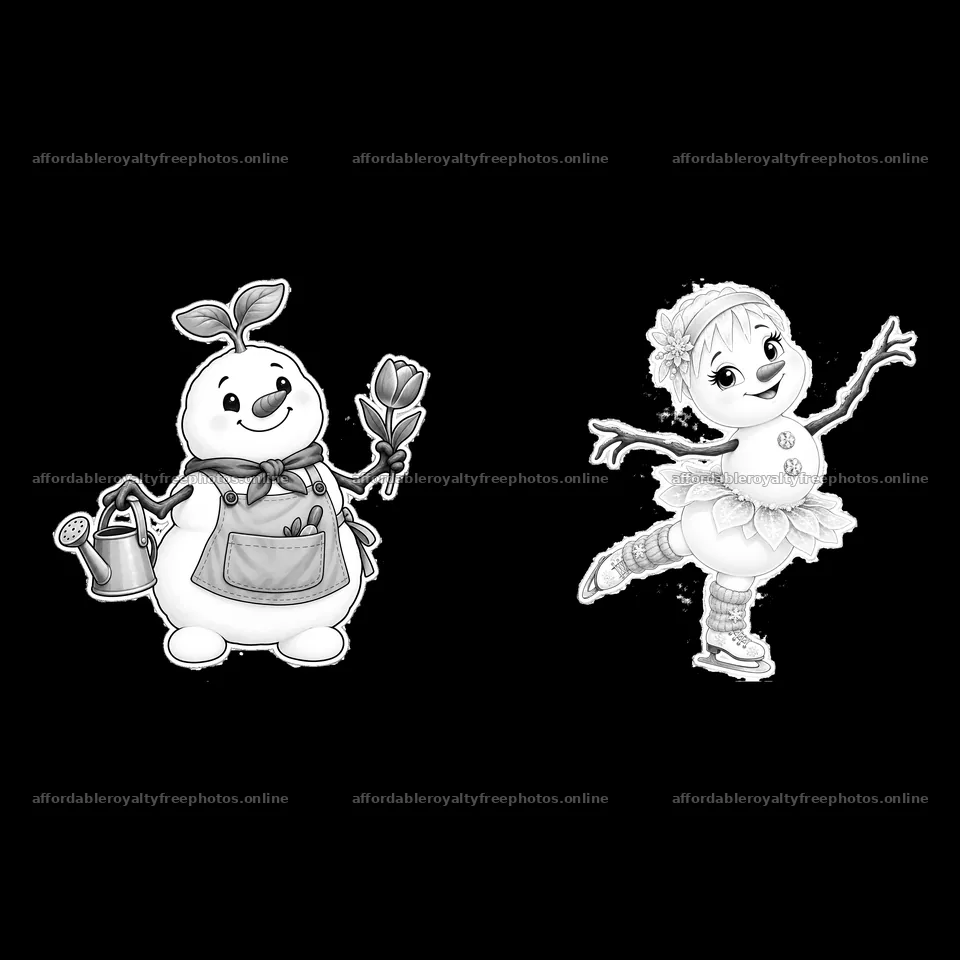 Snowman with watering can and girl in ice skates – royalty-free photos 7746x7746