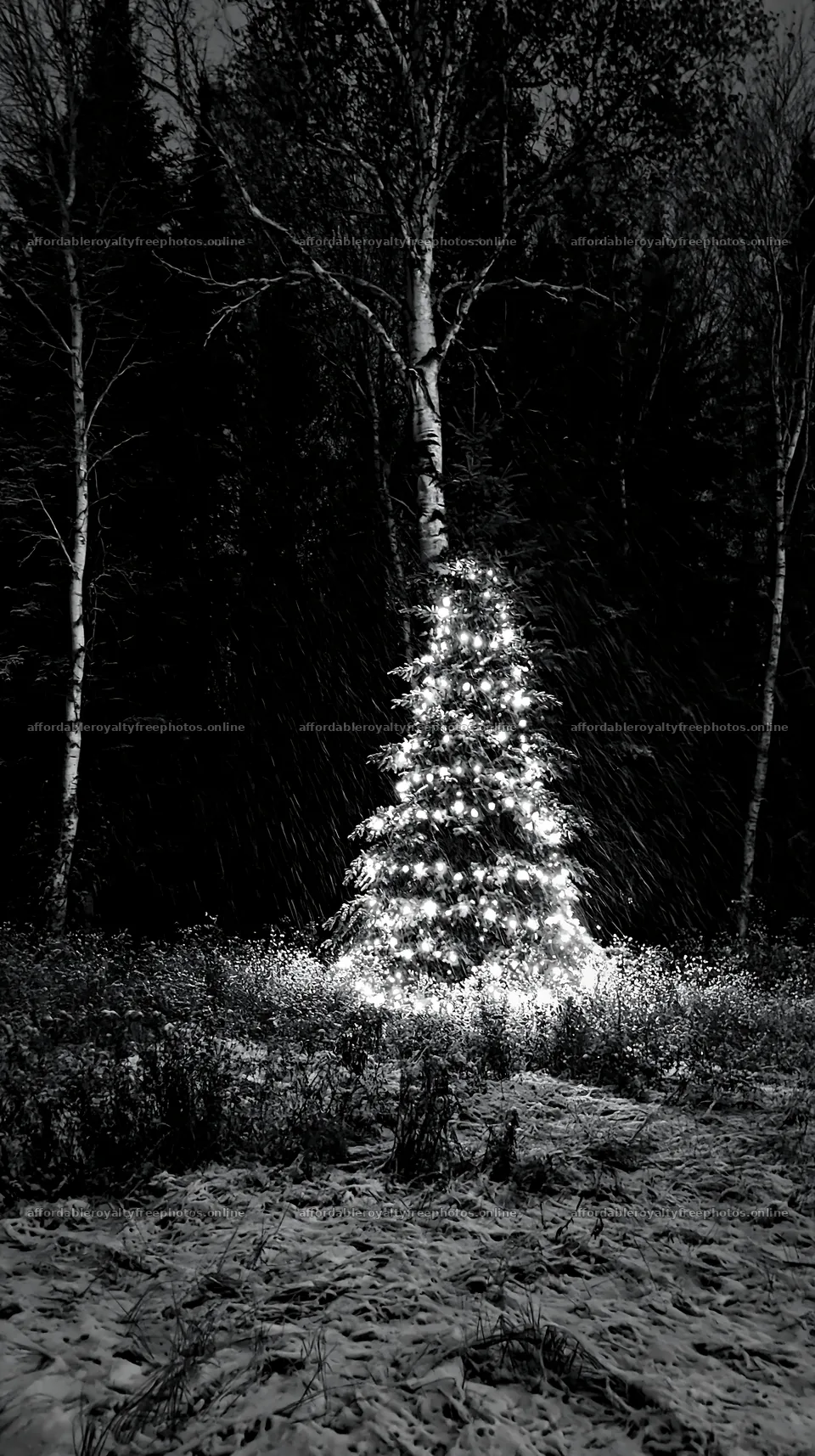 Christmas tree with lights in snowy meadow at night – royalty-free photos 5938x10608