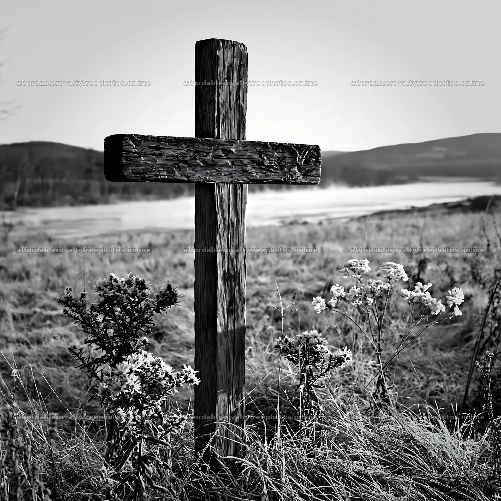 Christian cross on frost covered meadow by the river – royalty-free photos 7938x7938