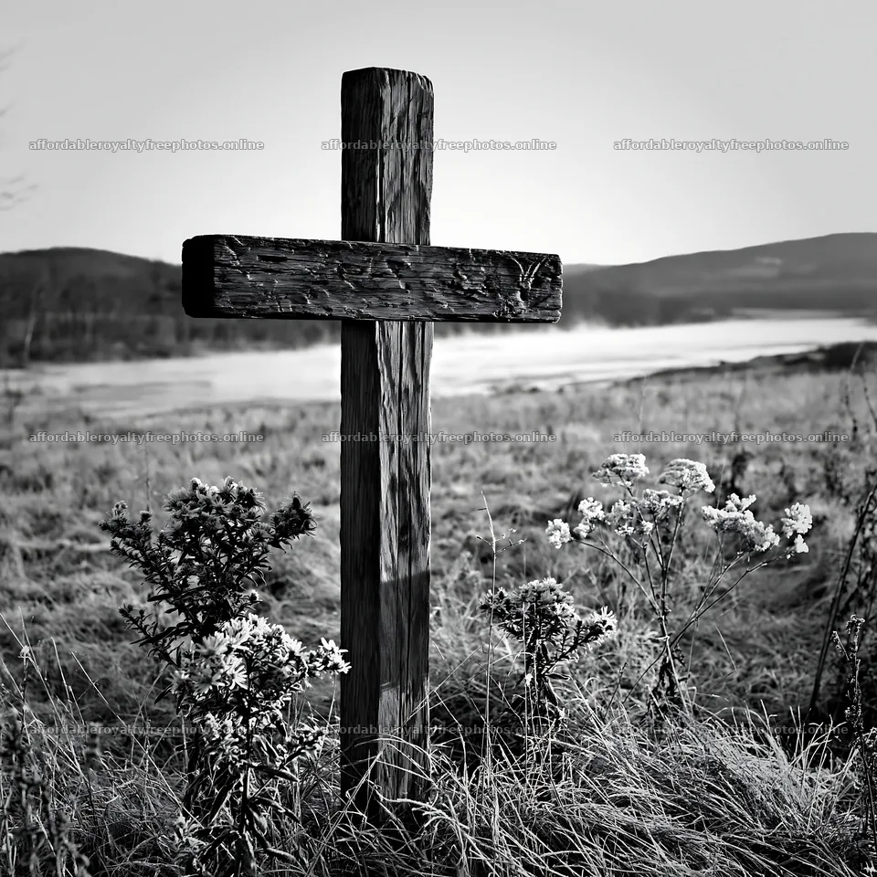 Christian cross on frost covered meadow by the river – royalty-free photos 7938x7938