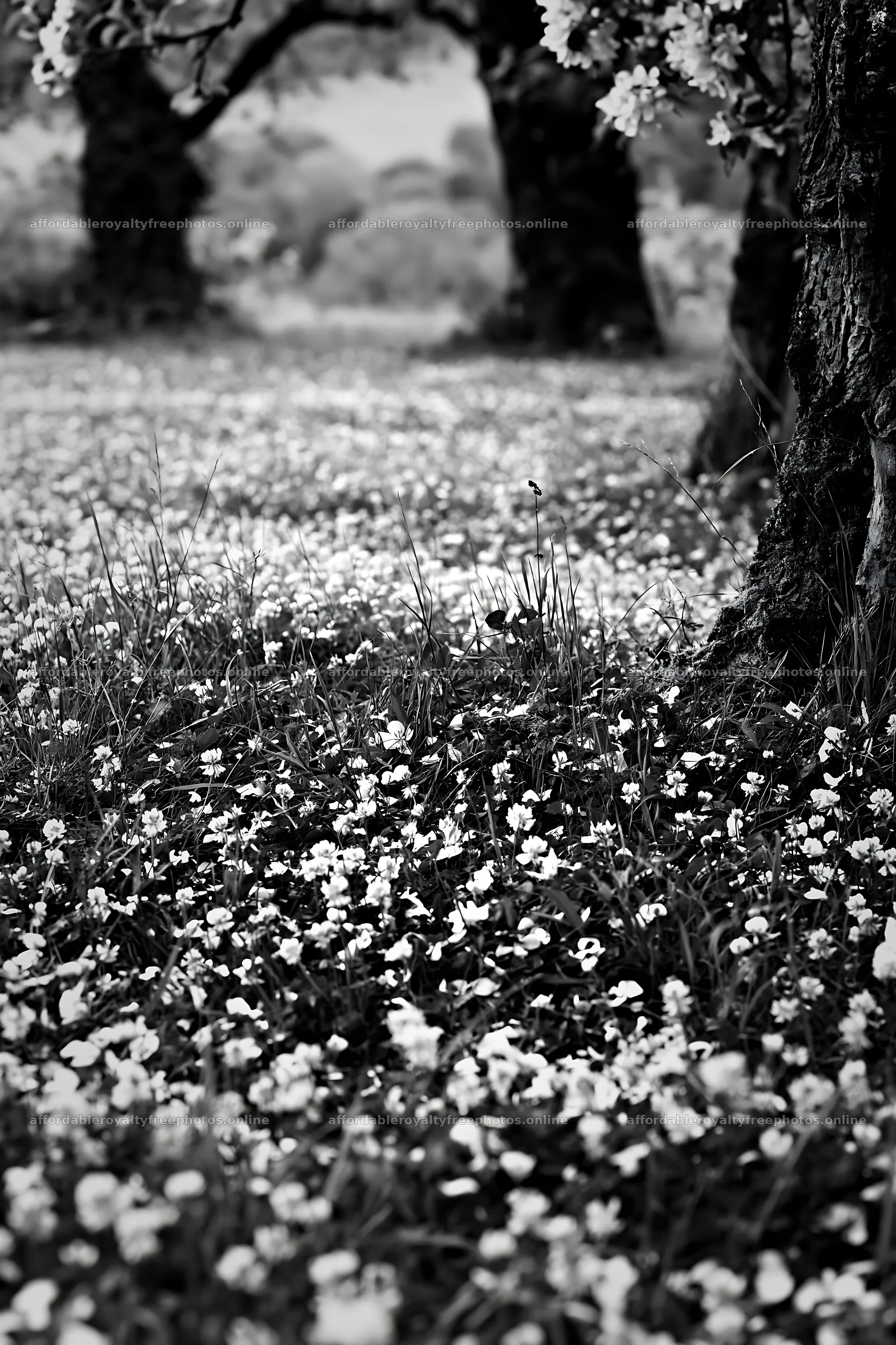 Apple meadow with clover under trees in black and white – royalty-free photos 6480x9722