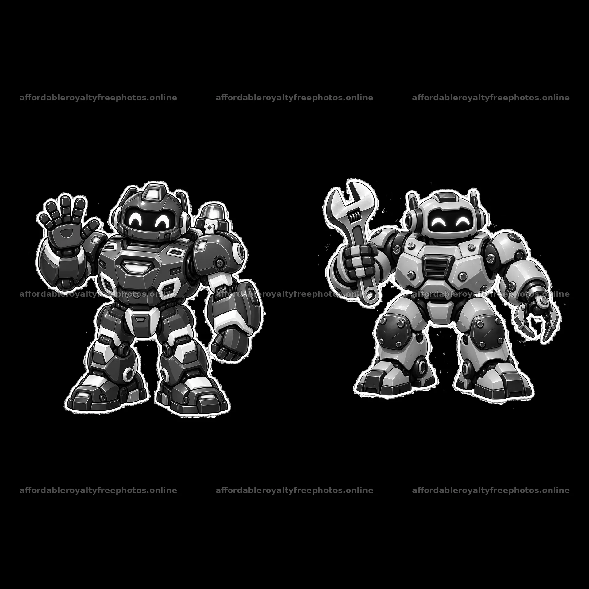Two mech robots, one waving and one holding a wrench – royalty-free photos 7746x7746