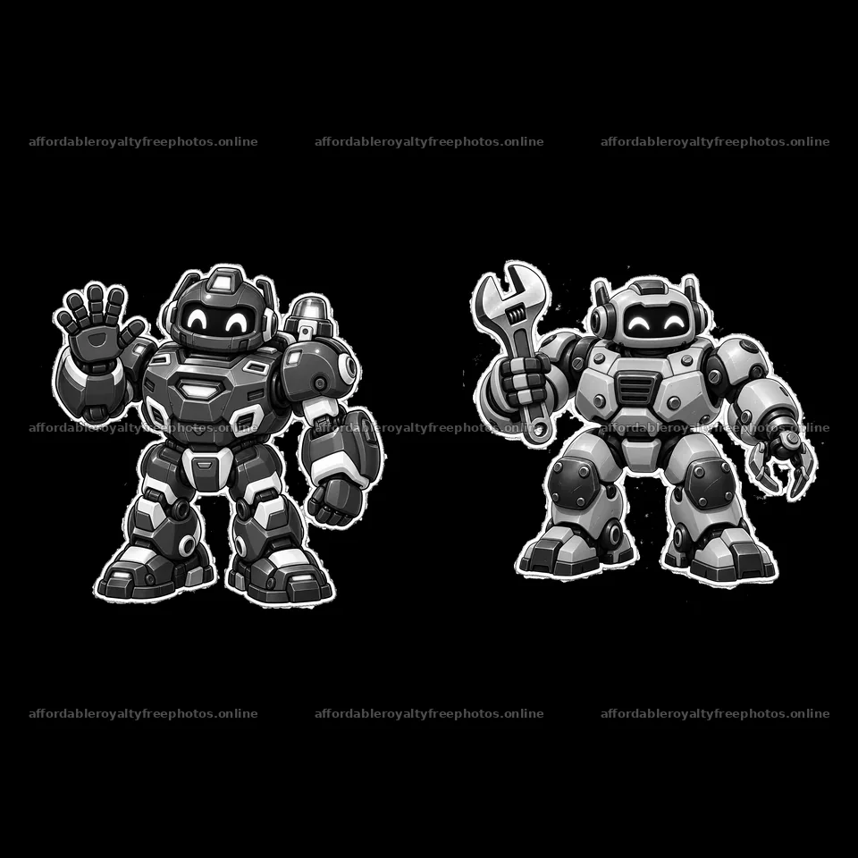 Two mech robots, one waving and one holding a wrench – royalty-free photos 7746x7746