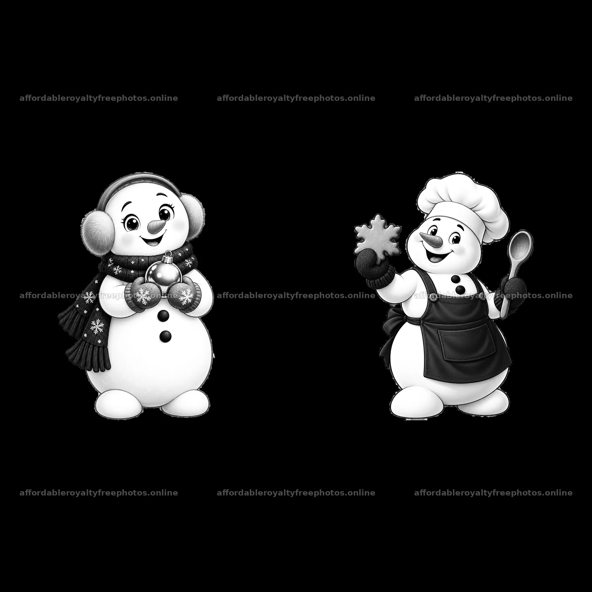 Snowman characters holding ornaments and baking tools – royalty-free photos 7746x7746