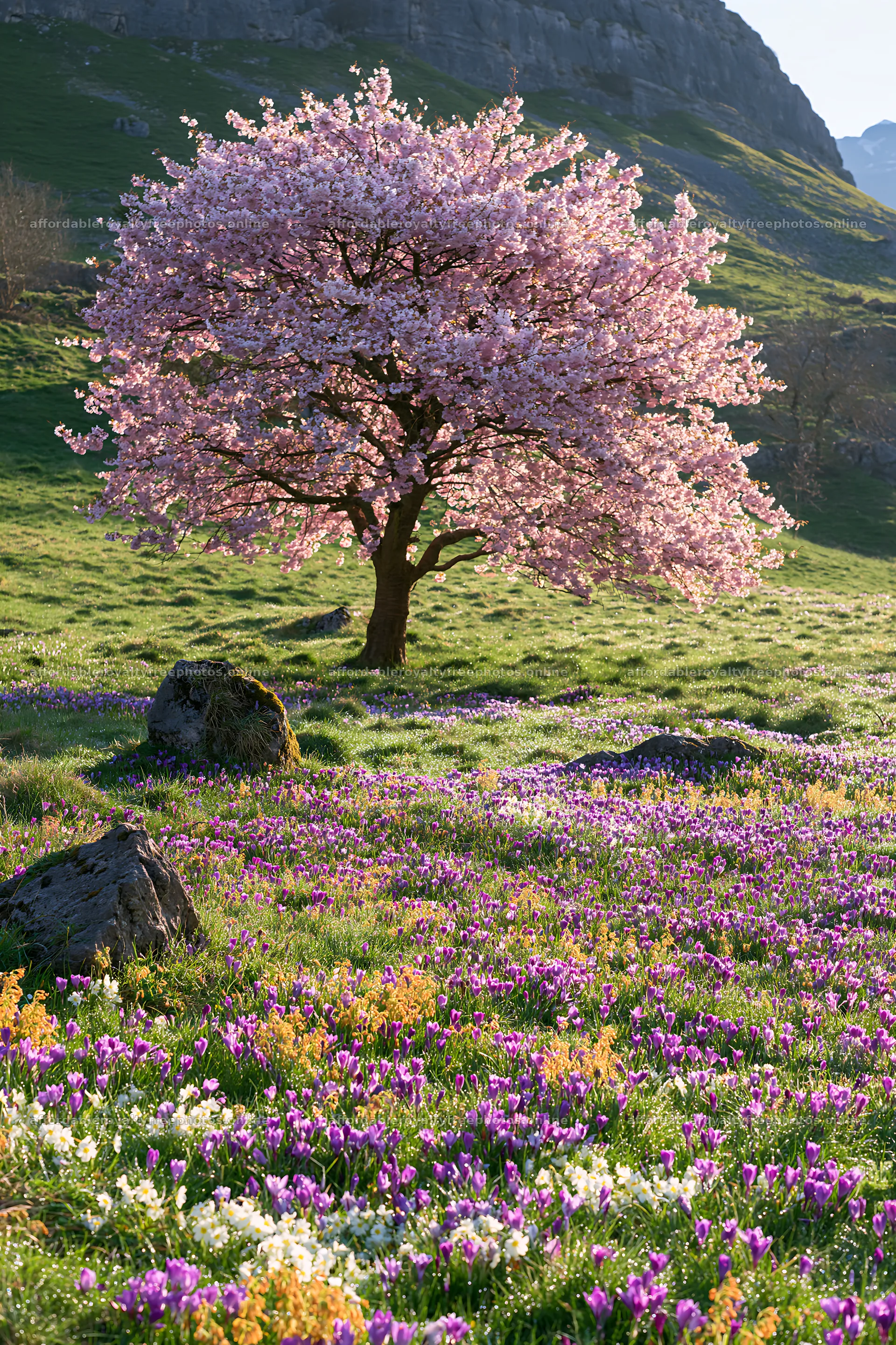 Cherry blossom tree in meadow surrounded by flowers – royalty-free photos 6480x9722