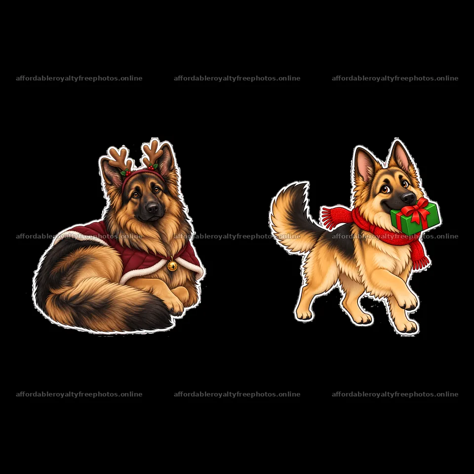 Christmas German Shepherds with decorations and gifts – royalty-free photos 7746x7746