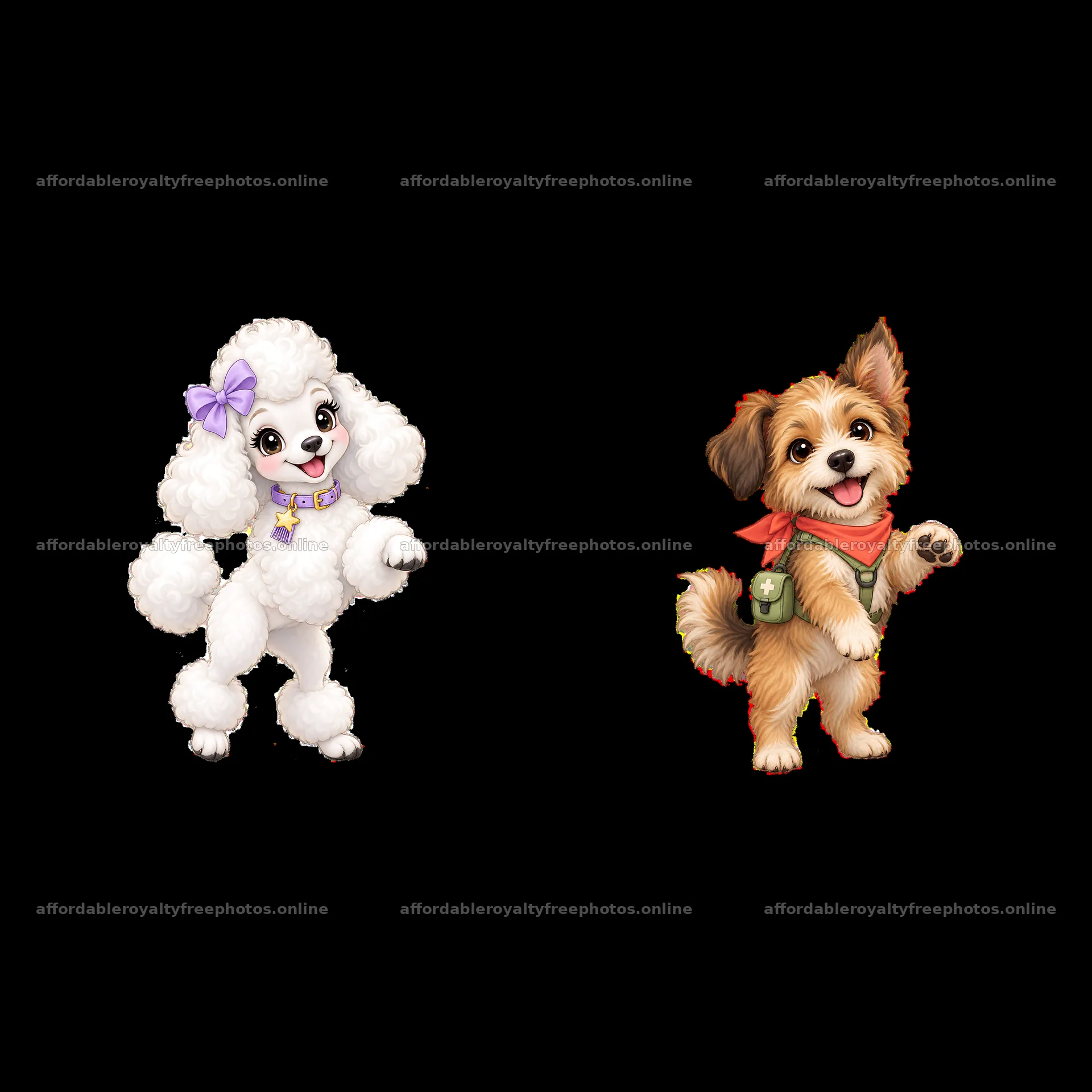Cute K-9 dogs having fun in a playful cartoon style – royalty-free photos 7746x7746