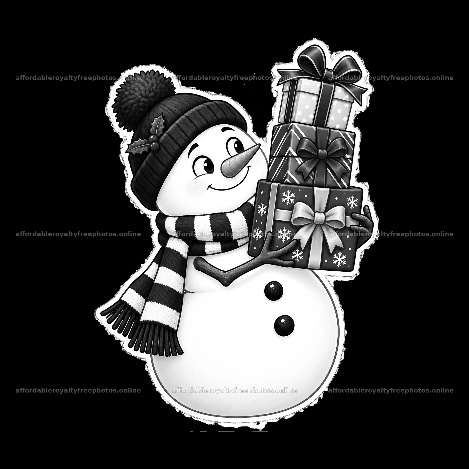 Snowman holds stacked Christmas presents with a happy – royalty-free photos 7746x7746