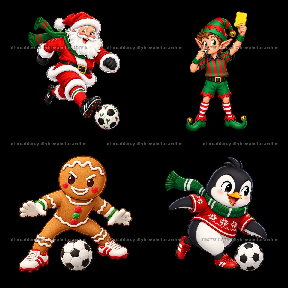 Santa and friends playing soccer for Christmas – royalty-free photos 7746x7746