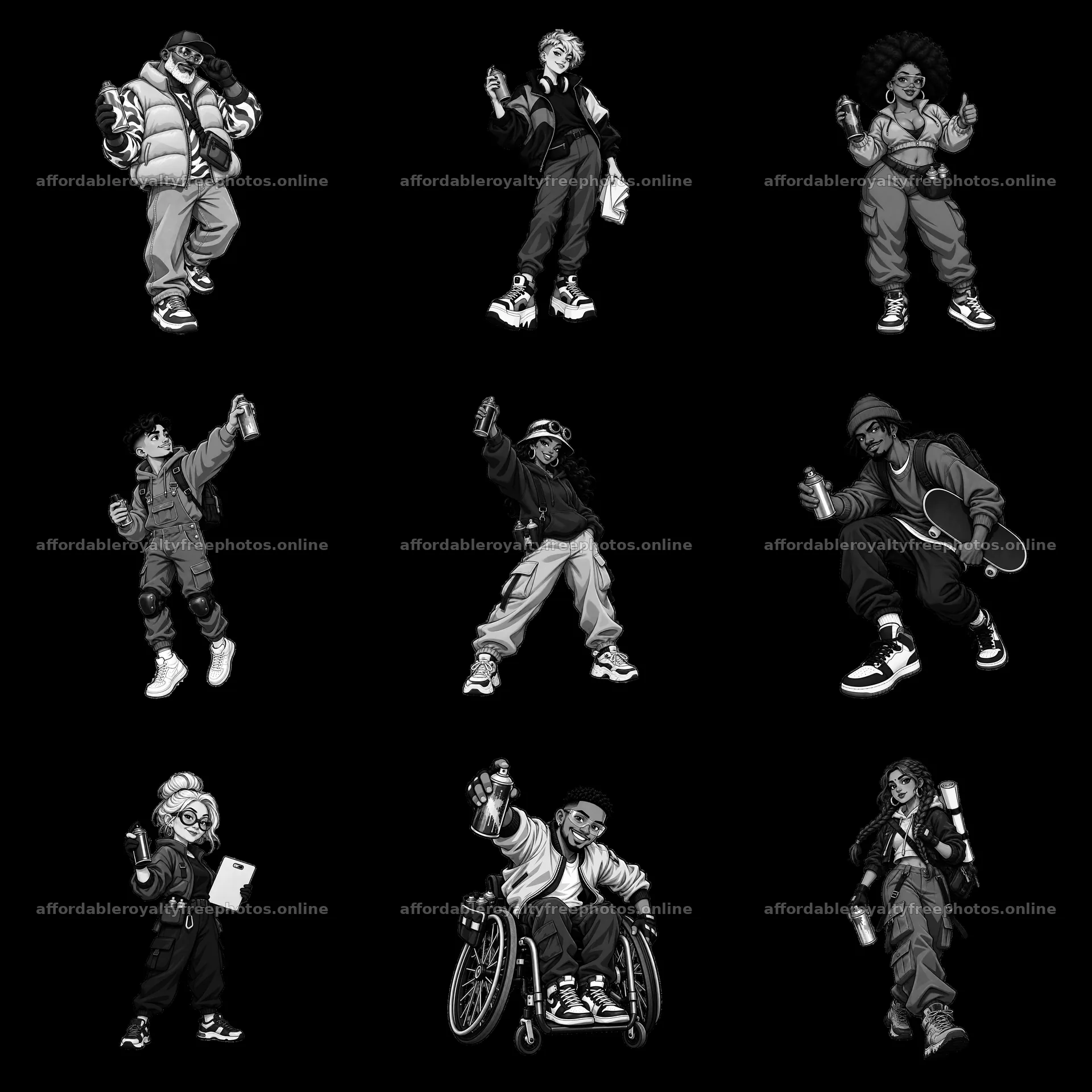 Streetwear characters in black and white graffiti spray – royalty-free photos 7746x7746