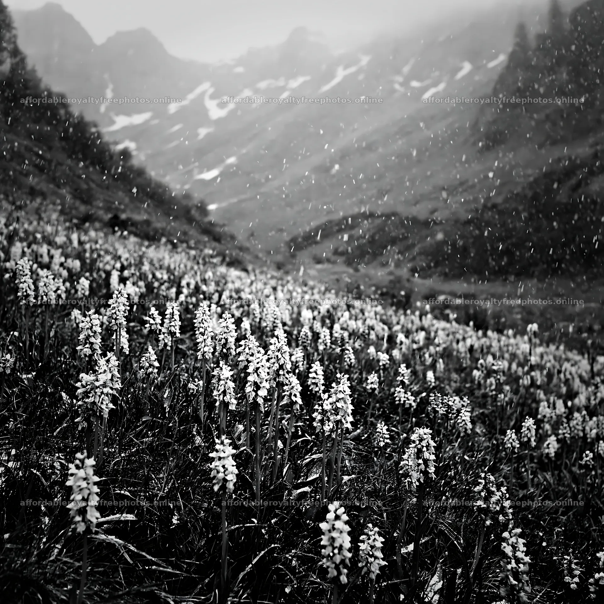 Colorful orchid meadow in a foggy mountain landscape – royalty-free photos 7938x7938