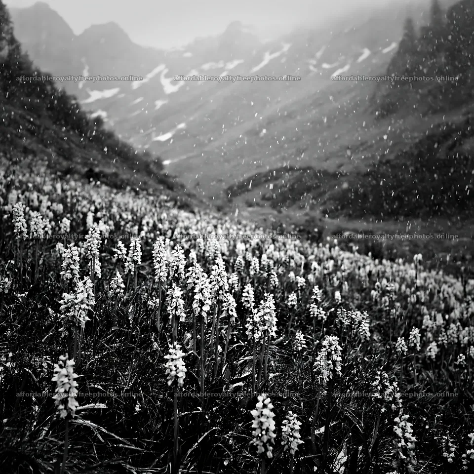 Colorful orchid meadow in a foggy mountain landscape – royalty-free photos 7938x7938