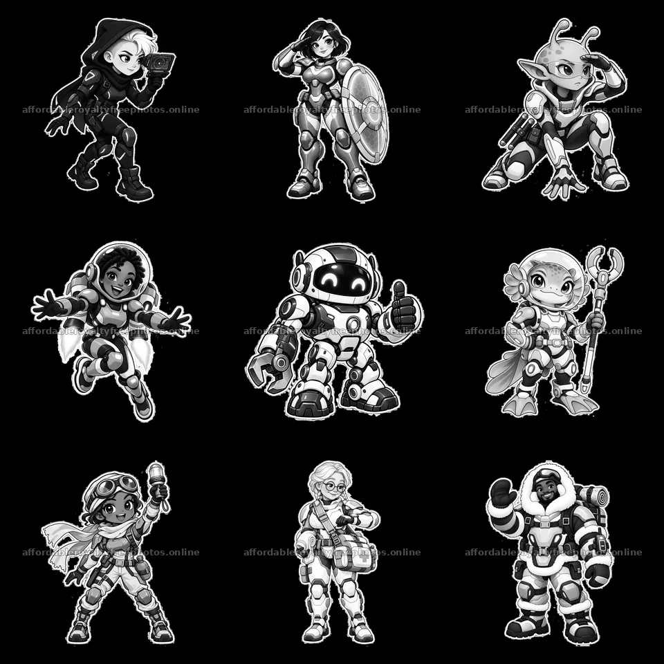 Futuristic super-soldiers in black and white cartoon – royalty-free photos 7746x7746