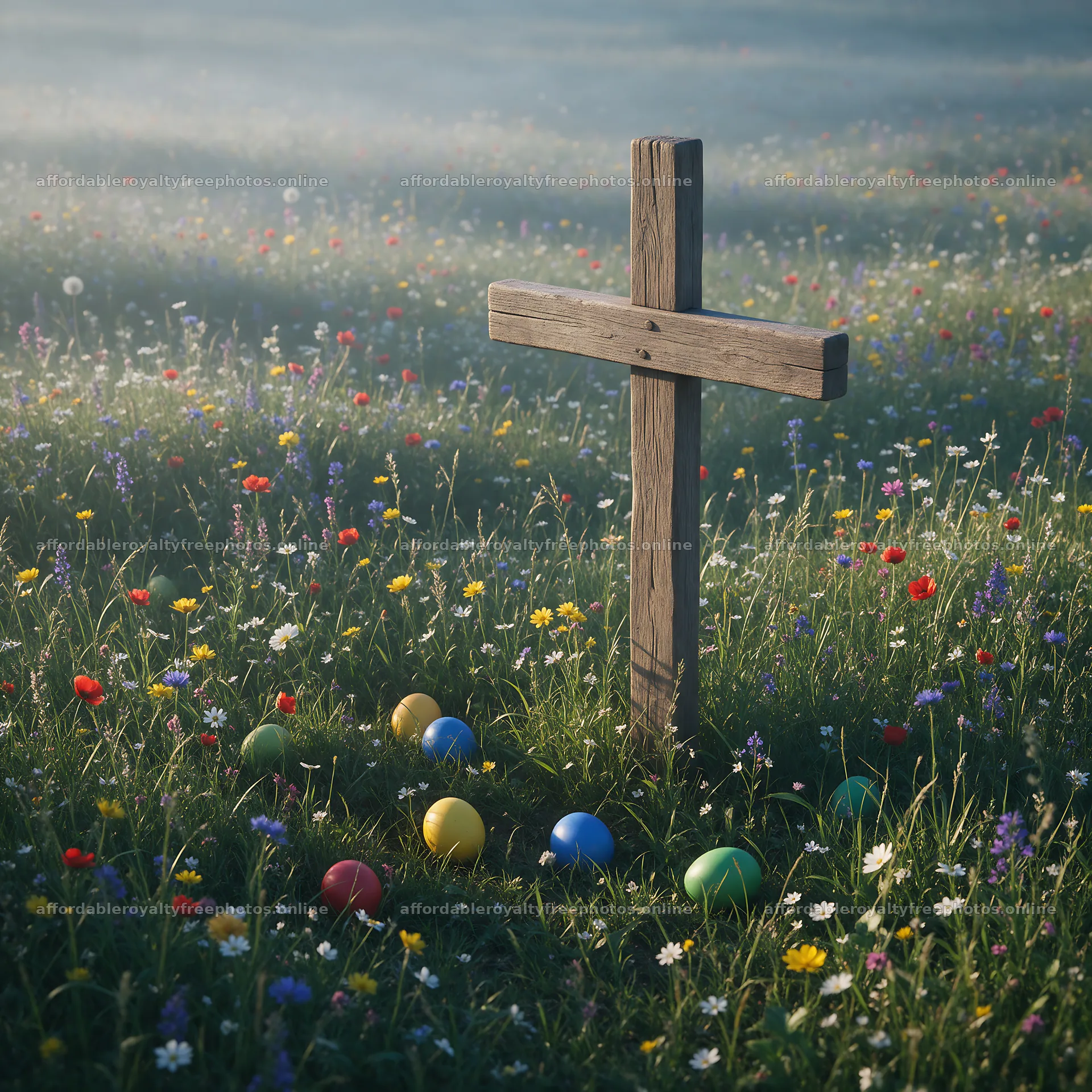 Weathered Christian cross in misty meadow with colorful – royalty-free photos 7938x7938