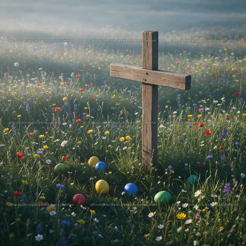 Weathered Christian cross in misty meadow with colorful – royalty-free photos 7938x7938